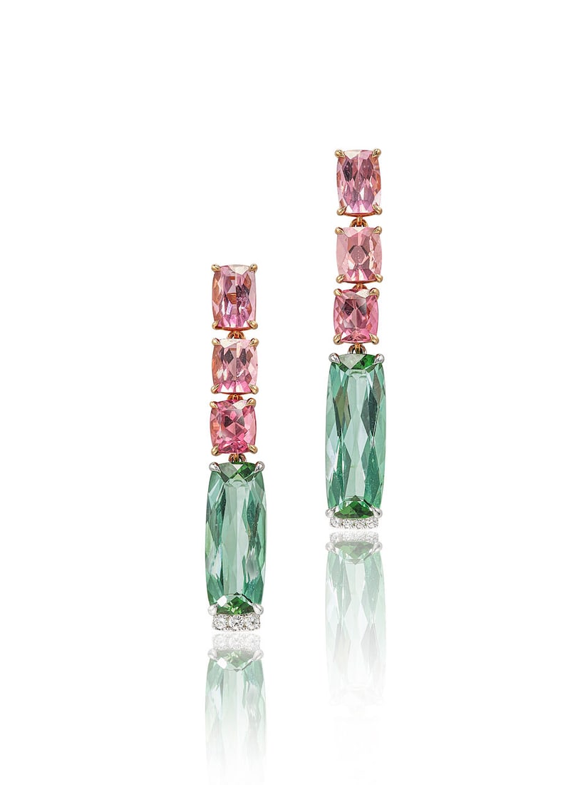 AARYA CREATIONS: PAIR OF TOURMALINE AND DIAMOND DROP EARRINGS: AARYA CREATIONS: PAIR OF TOURMALINE AND DIAMOND DROP EARRINGS Aarya Creations：碧璽配鑽石吊墜耳環 Tourmalines: approx. 13.60cts Signature: