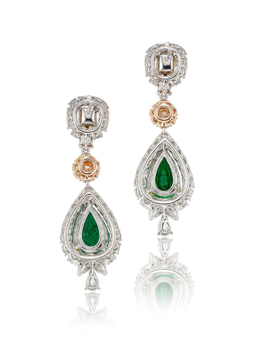 PAIR OF EMERALD, COLOURED DIAMOND AND DIAMOND PENDENT EARRINGS - 3