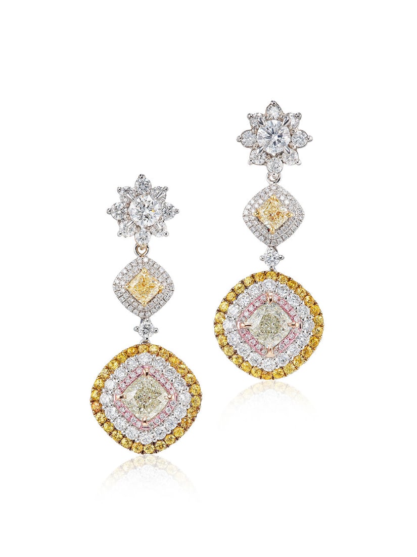 PAIR OF GEM-SET, COLOURED DIAMOND AND DIAMOND PENDENT EARRINGS (1 of 3)