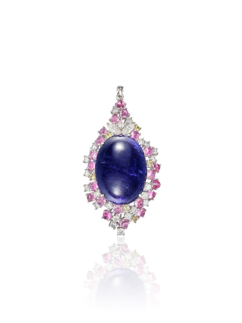 TANZANITE, GEM-SET AND DIAMOND PENDANT: TANZANITE, GEM-SET AND DIAMOND PENDANT 坦桑石配彩色寶石及鑽石吊墜 Tanzanite: stamped 43.98cts Metal: 18 karat white