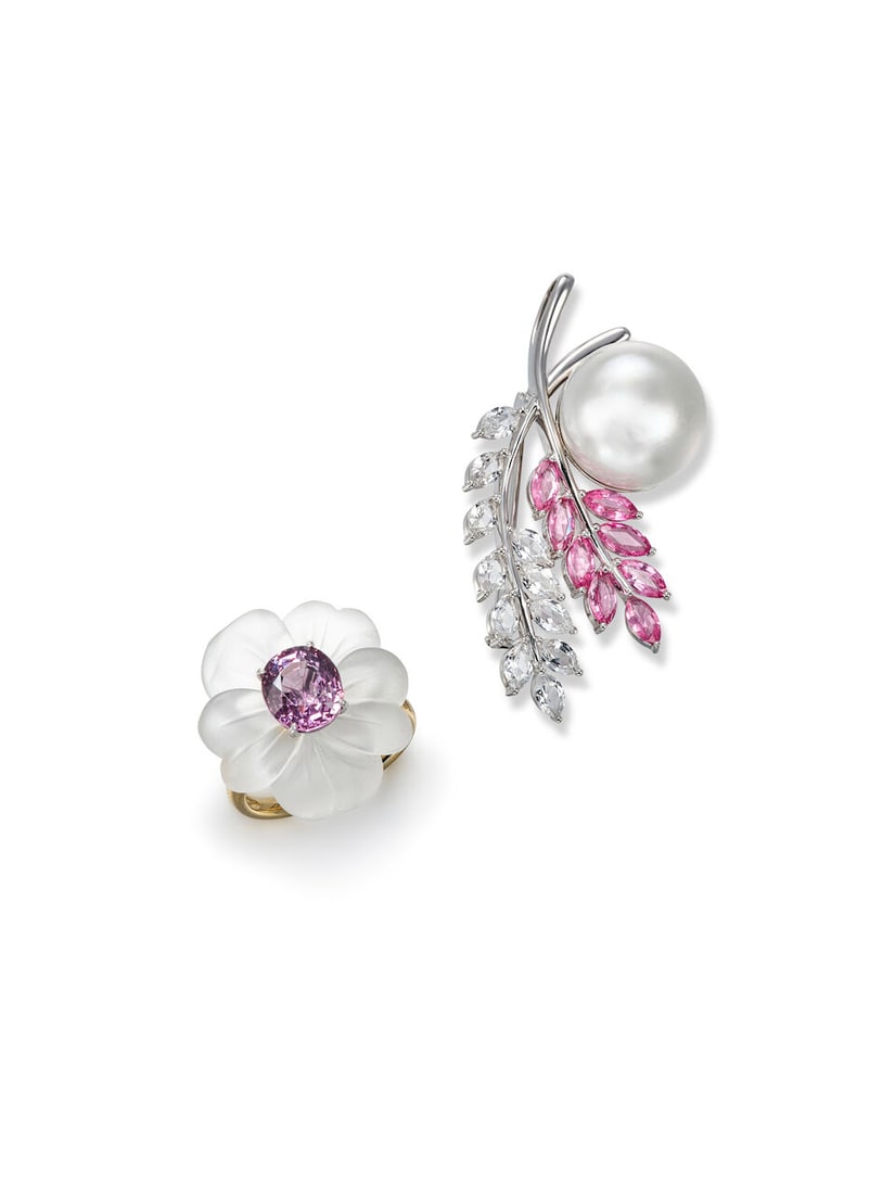 CULTURED PEARL AND GEM-SET BROOCH, AND GEM-SET 'FLOWER' RING (2): CULTURED PEARL AND GEM-SET BROOCH, AND GEM-SET 'FLOWER'