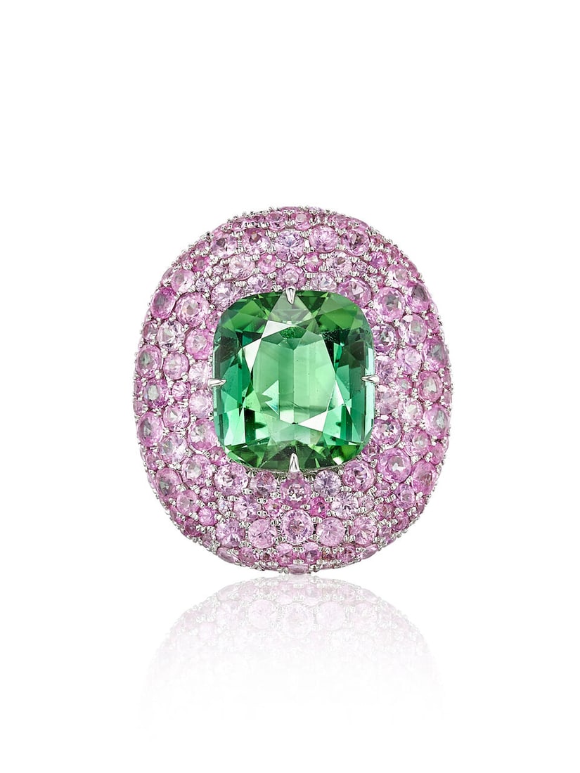 AARYA CREATIONS: TOURMALINE AND PINK SAPPHIRE RING: AARYA CREATIONS: TOURMALINE AND PINK SAPPHIRE RING Aarya Creations：碧璽配粉紅色剛玉戒指 Tourmaline: approx. 10.30cts Pink sapphires: