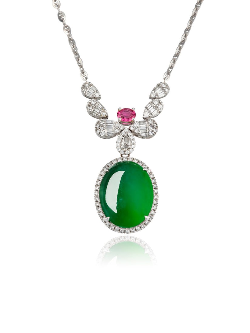 JADEITE, GEM-SET AND DIAMOND PENDANT NECKLACE: JADEITE, GEM-SET AND DIAMOND PENDANT NECKLACE 天然翡翠配彩色寶石及鑽石吊墜項鍊 Certificate: HKJSL,