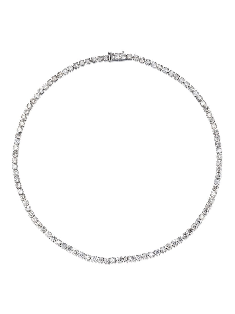 DIAMOND RIVIÈRE NECKLACE: DIAMOND RIVIÈRE NECKLACE 鑽石項鍊 Certificate: Japan gem report, diamonds, natural (CF4938) Diamonds: stamped 20.08cts Metal: platinum Length: 41.8cm Gross weight: