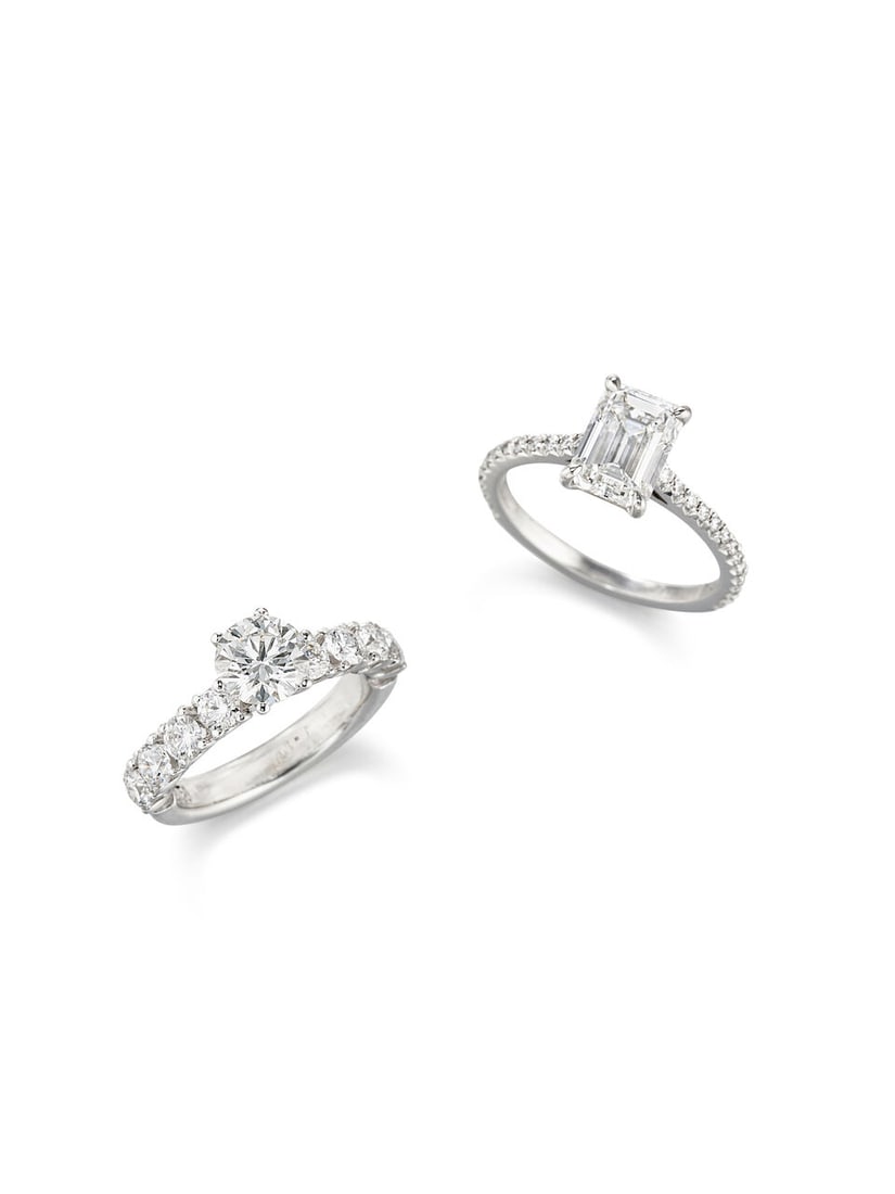 TWO DIAMOND SOLITAIRE RINGS (2): TWO DIAMOND SOLITAIRE RINGS 鑽石戒指兩枚 Principal diamonds: approx. 1.00ct (round brilliant-cut) and 1.25cts (emerald-cut) Remaining diamonds: approx. 1.25cts 