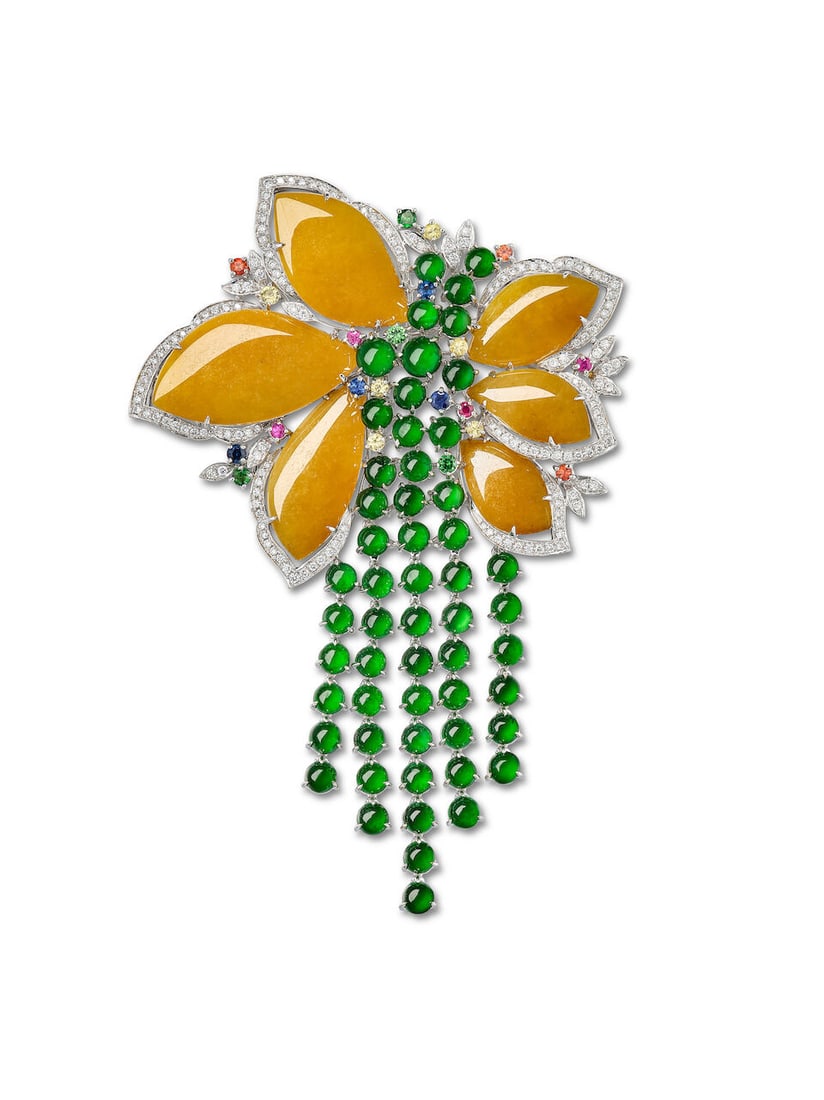 YELLOW JADEITE, JADEITE, GEM-SET AND DIAMOND 'FOLIATE' BROOCH/PENDANT: YELLOW JADEITE, JADEITE, GEM-SET AND DIAMOND 'FOLIATE'