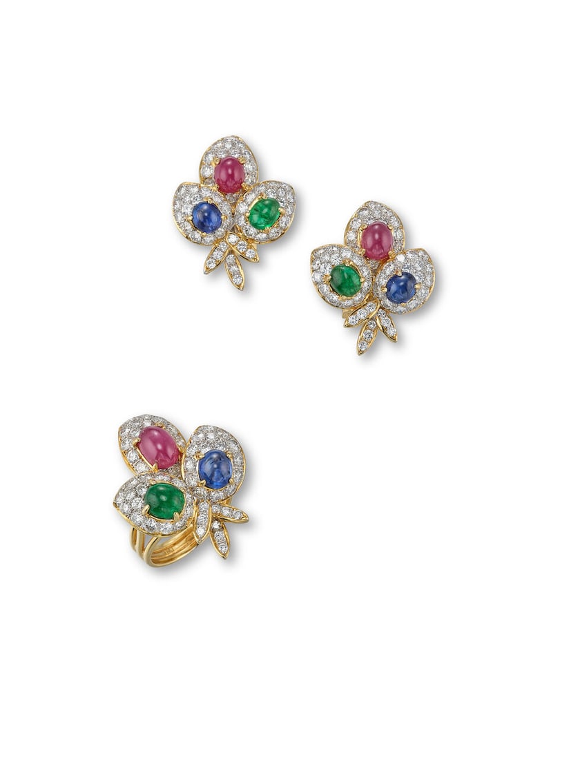 GEM-SET AND DIAMOND RING AND EARRING SET (2): GEM-SET AND DIAMOND RING AND EARRING SET 彩色寶石配鑽石戒指及耳環套裝 Diamonds: approx. 3.60cts Metal: 18 karat yell