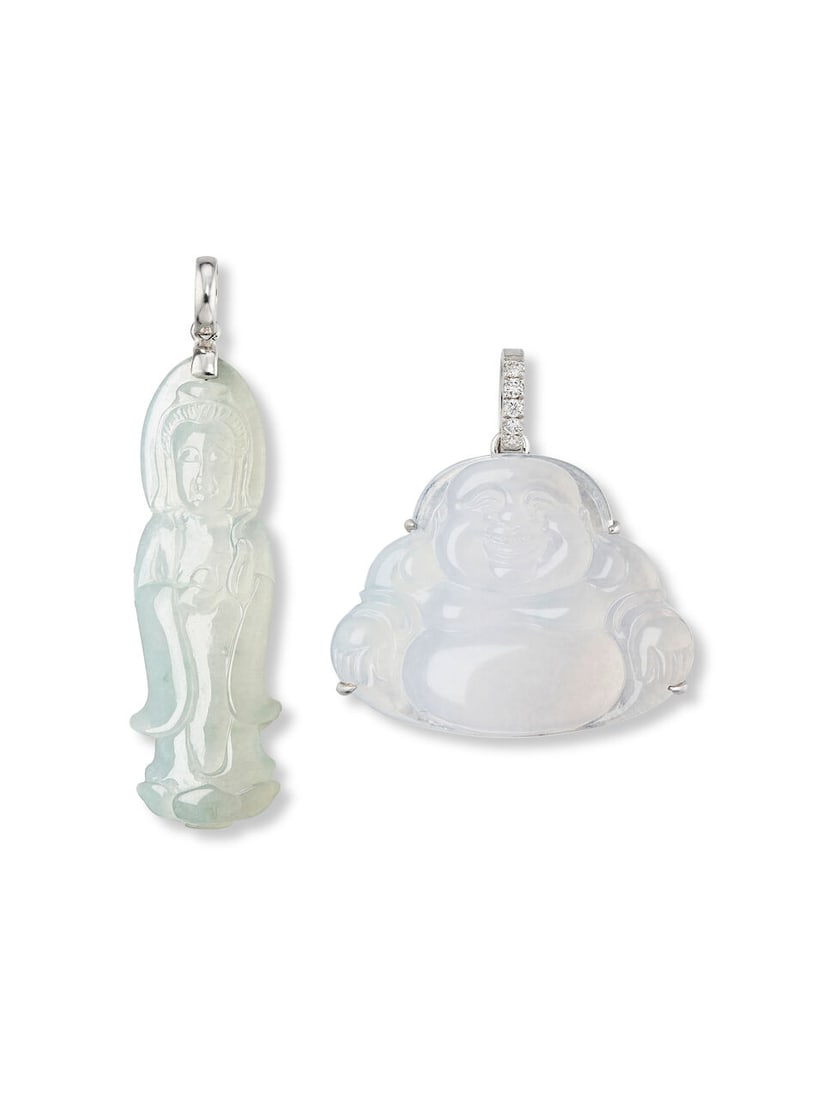 ICY JADEITE AND DIAMOND 'LAUGHING BUDDHA' AND 'GUANYIN' PENDANTS (2): ICY JADEITE AND DIAMOND 'LAUGHING BUDDHA' AND 'GUANYIN'
