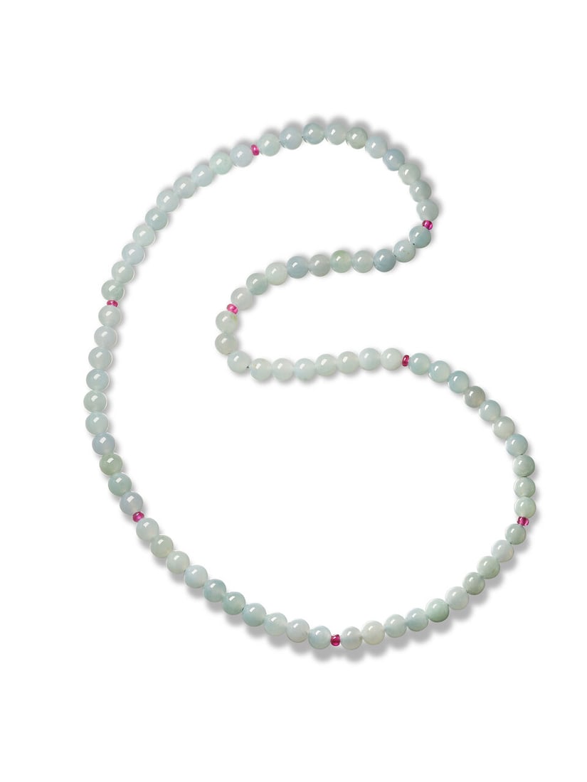 JADEITE AND GEM-SET BEAD NECKLACE: JADEITE AND GEM-SET BEAD NECKLACE 天然翡翠配彩色寶石項鍊 Certificate: HKJSL, selected jadeite, natural, type A 