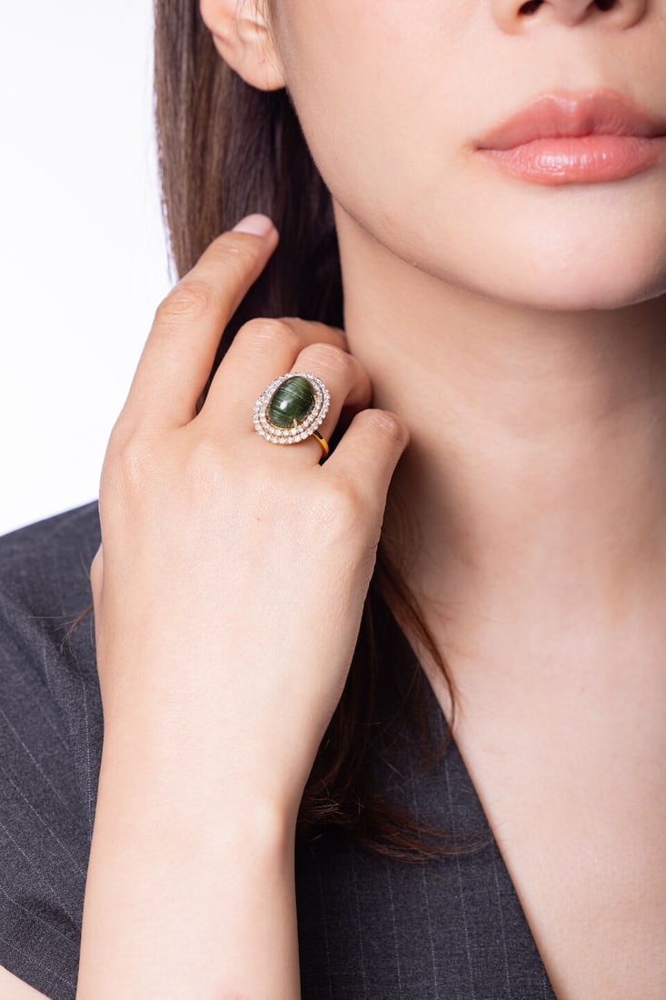 CAT'S EYE GREEN TOURMALINE AND DIAMOND RING, AND PAIR OF DIAMOND EARRINGS (2) - 2