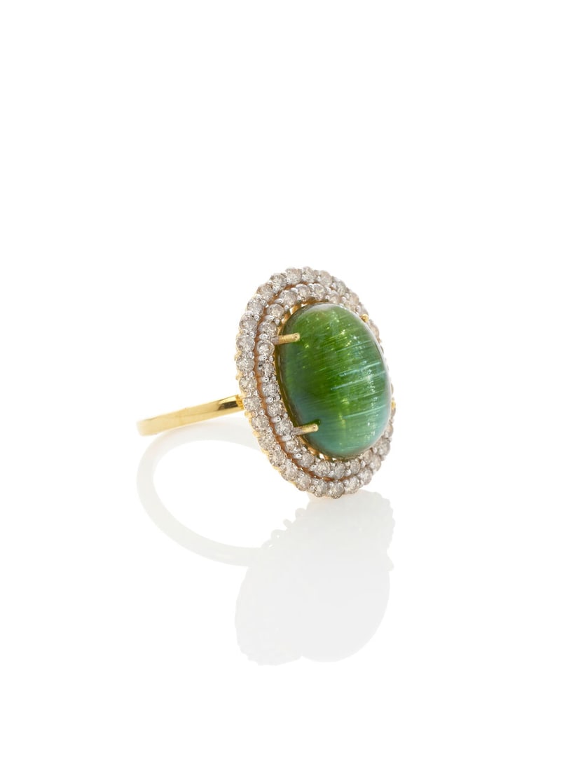 CAT'S EYE GREEN TOURMALINE AND DIAMOND RING, AND PAIR OF DIAMOND EARRINGS (2) - 3