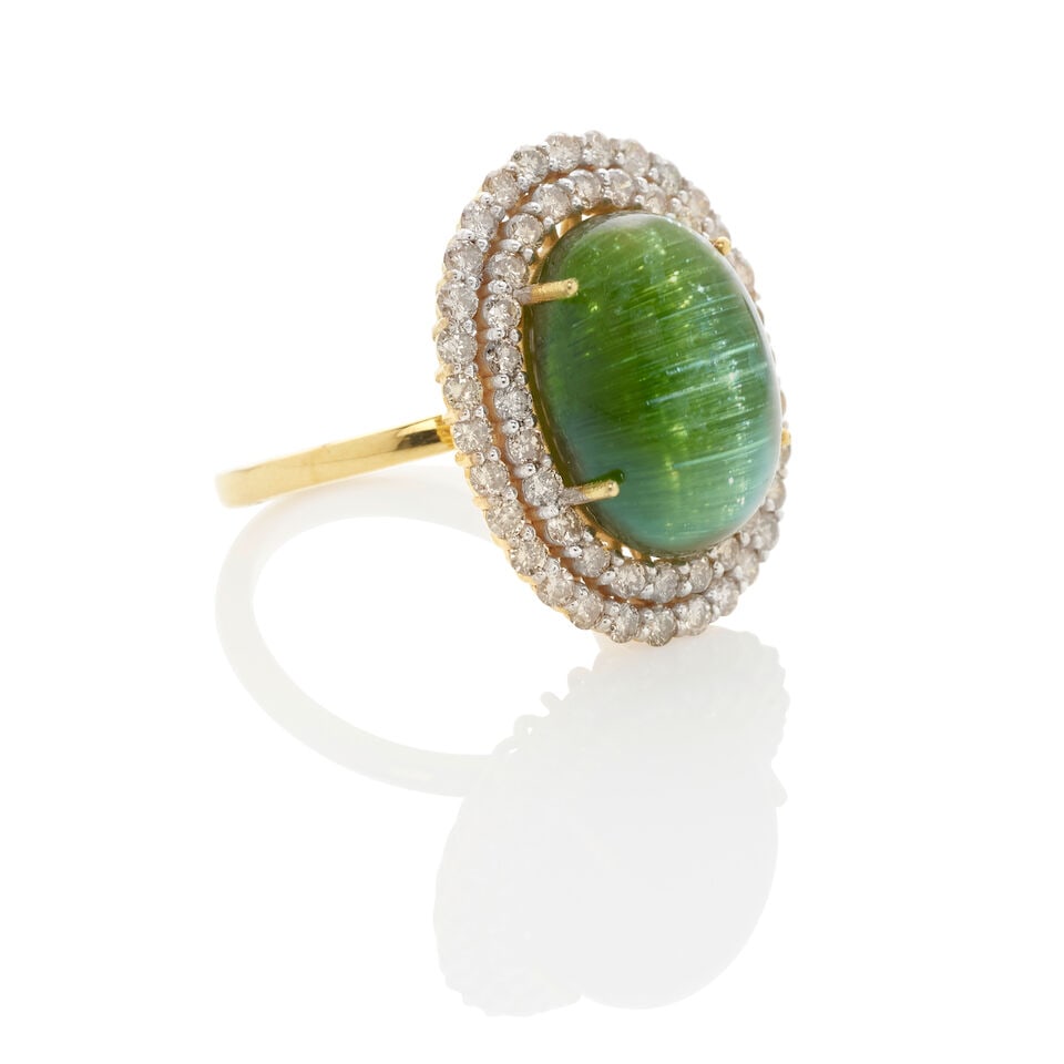 CAT'S EYE GREEN TOURMALINE AND DIAMOND RING, AND PAIR OF DIAMOND EARRINGS (2) - 4