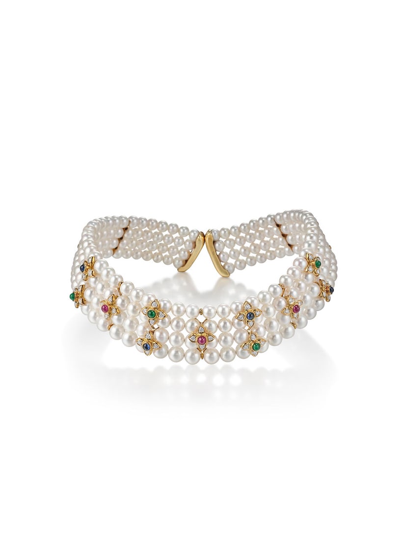 CULTURED PEARL, GEM-SET AND DIAMOND CHOKER: CULTURED PEARL, GEM-SET AND DIAMOND CHOKER 養殖珍珠配彩色寶石配鑽石項鍊 Cultured pearls: approx. 6.80 to