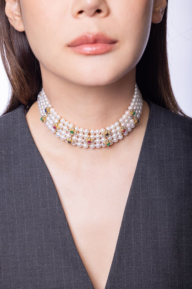 CULTURED PEARL, GEM-SET AND DIAMOND CHOKER - 2