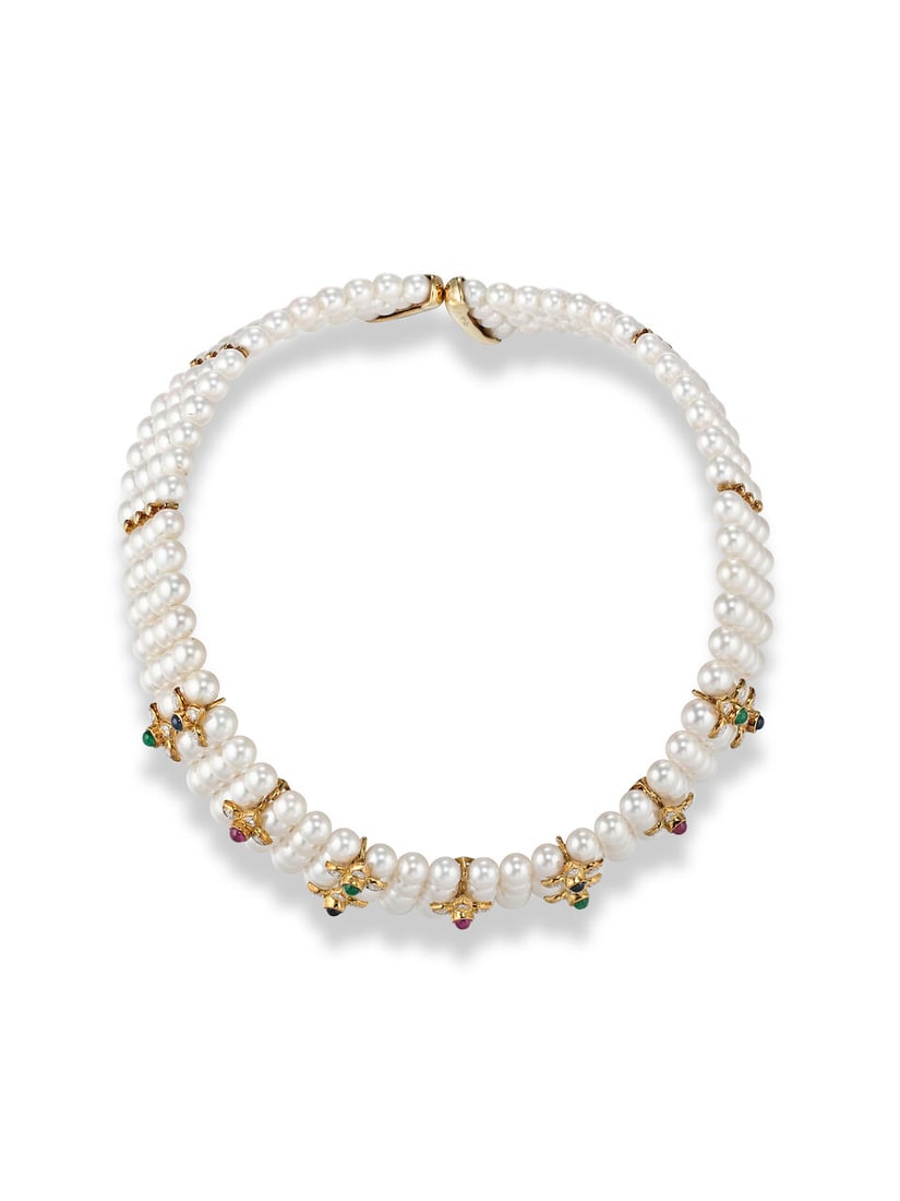 CULTURED PEARL, GEM-SET AND DIAMOND CHOKER - 4