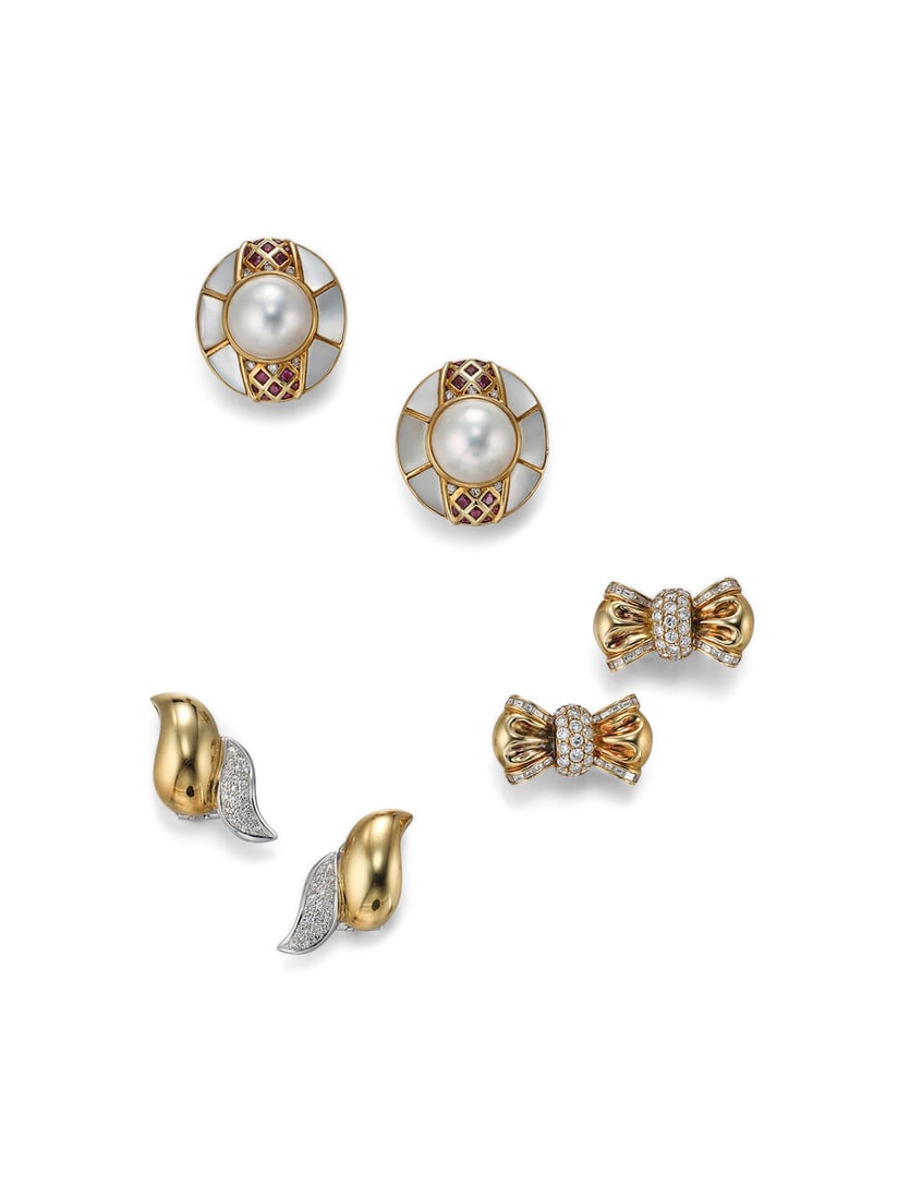 KAI-YIN LO: PAIR OF MABÉ CULTURED PEARL, MOTHER-OF-PEARL, GEM-SET AND DIAMOND EARRINGS, AND... (1 of 5)
