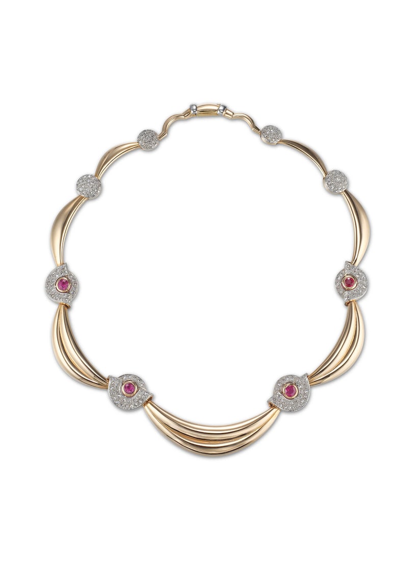 GEM-SET AND DIAMOND NECKLACE: GEM-SET AND DIAMOND NECKLACE 彩色寶石配鑽石項鍊 Signature: indistinct French import hallmark for non-treaty foreign production Metal: 18 karat