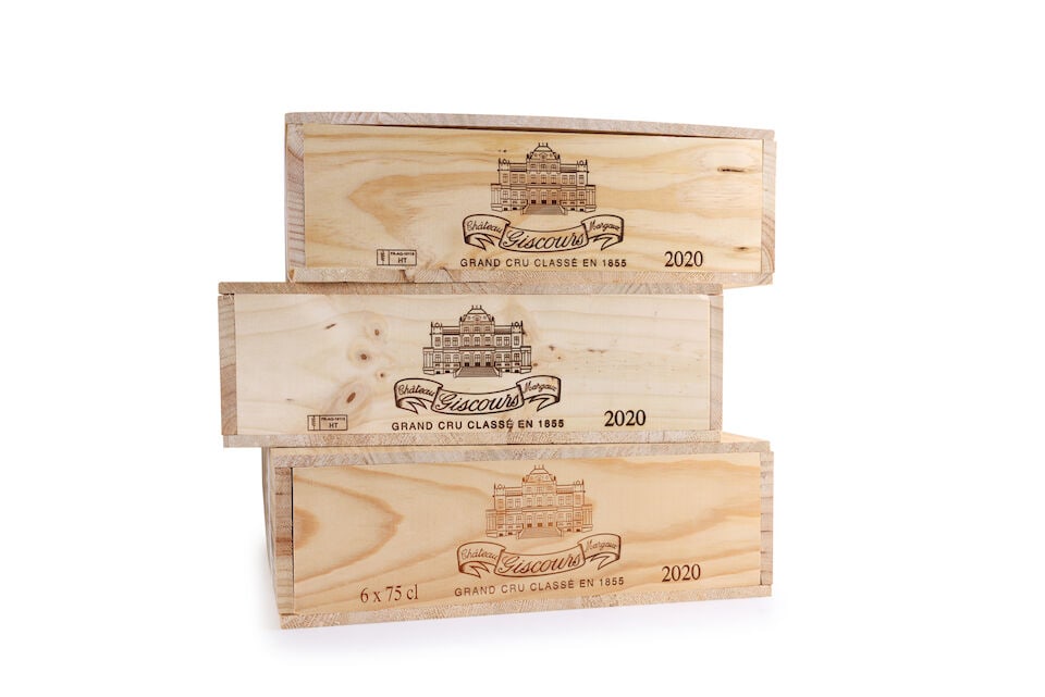 Château Giscours, 2020 (18 x 750ml): Château Giscours, 2020 (18 x 750ml) Region: Margaux Packaging: 3 x original wooden cases This lot is subject to the following lot symbols: Δ Δ VAT at the prevailing rate on Hammer