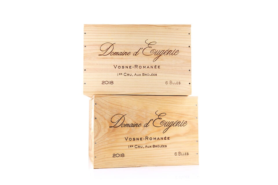 Domaine d'Eugénie, Vosne Romanée 1er Cru Aux Brûlée, 2018 (12 x 750ml): Domaine d'Eugénie, Vosne Romanée 1er Cru Aux Brûlée, 2018 (12 x 750ml) Region: Côte de Nuits Packaging: 2 x original wooden cases This lot is subject to the following lot symb