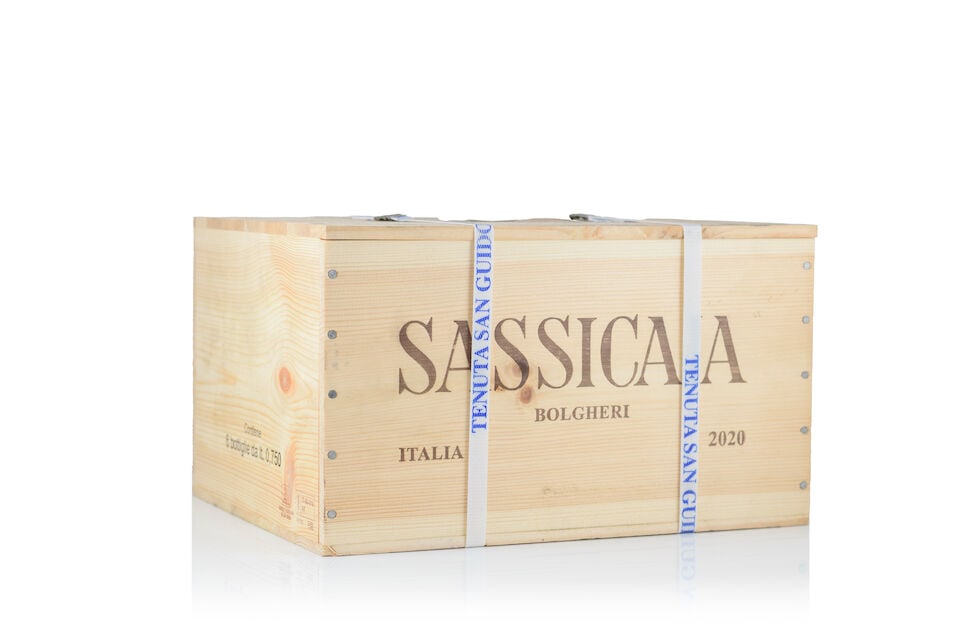 Sassicaia, 2020 (6 x 750ml): Sassicaia, 2020 (6 x 750ml) Region: Tuscany Packaging: original wooden case This lot is subject to the following lot symbols: Δ Δ VAT at the prevailing rate on Hammer Price and Buyer's Premi