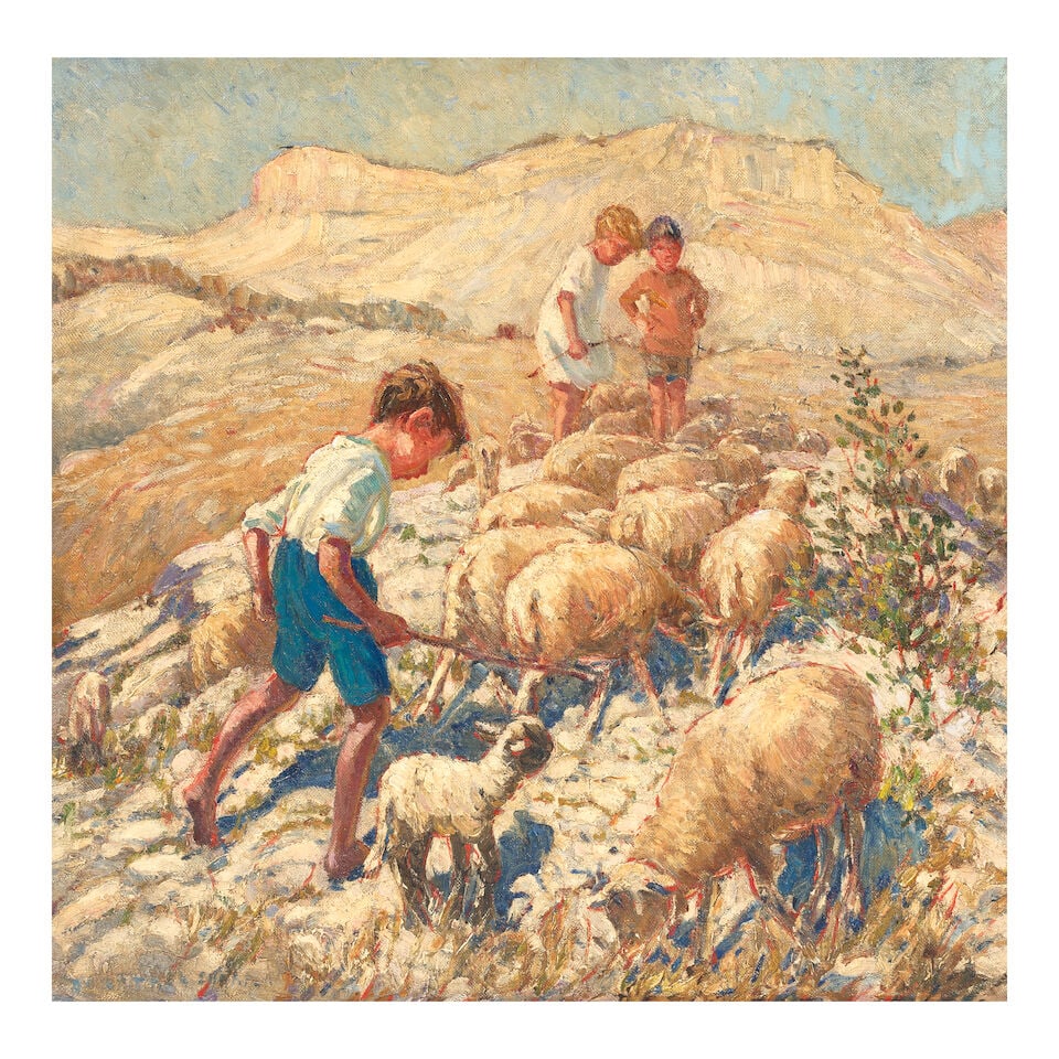 Dorothea Sharp, RBA, ROI (British, 1874-1955) Children with flock of sheep 82 x 84 cm. (32 1/4 x... (1 of 3)