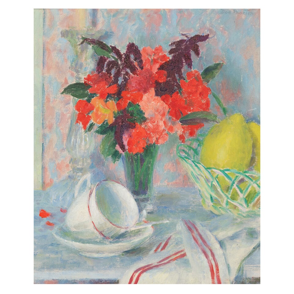 Dod Procter R.A. (British, 1890-1972) Still life with teacups 45.7 x 38.4 cm. (18 x 15 1/8 in.) ...: Dod Procter R.A. (British, 1890-1972) Still life with teacups signed 'Dod Procter' (upper right) oil on canvas board 45.7 x 38.4 cm. (18 x 15 1/8 in.) Painted circa 1950s Footnotes: Provenance Private