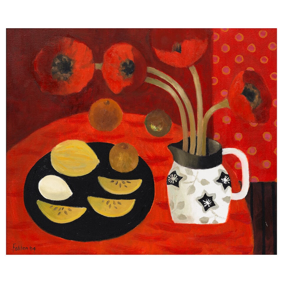 Mary Fedden R.A., P.P.R.W.A. (British, 1915-2012) Still Life with Poppies and Lemons 49 x 59 cm....: Mary Fedden R.A., P.P.R.W.A. (British, 1915-2012) Still Life with Poppies and Lemons signed and dated 'Fedden 04' (lower left) oil on canvas 49 x 59 cm. (19 1/4 x 23 1/4 in.) Footnotes: Provenance The