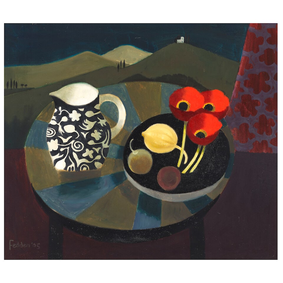 Mary Fedden R.A., P.P.R.W.A. (British, 1915-2012) Three Red Poppies 61 x 71.1 cm. (24 x 28 in.): Mary Fedden R.A., P.P.R.W.A. (British, 1915-2012) Three Red Poppies signed and dated 'Fedden '05' (lower left) oil on board 61 x 71.1 cm. (24 x 28 in.) Footnotes: Provenance The Artist, from whom acqu