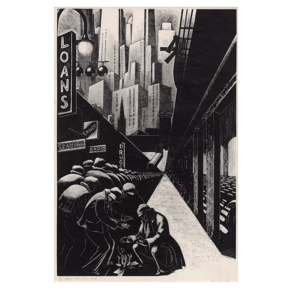Clare Leighton (British/American, 1898-1989) Bread Line, New York Wood-engraving, 1931-1932, a f...: Clare Leighton (British/American, 1898-1989) Bread Line, New York Wood-engraving, 1931-1932, a fine impression on wove paper, signed, titled and numbered 28/100 in pencil, with margins, framed Block 3