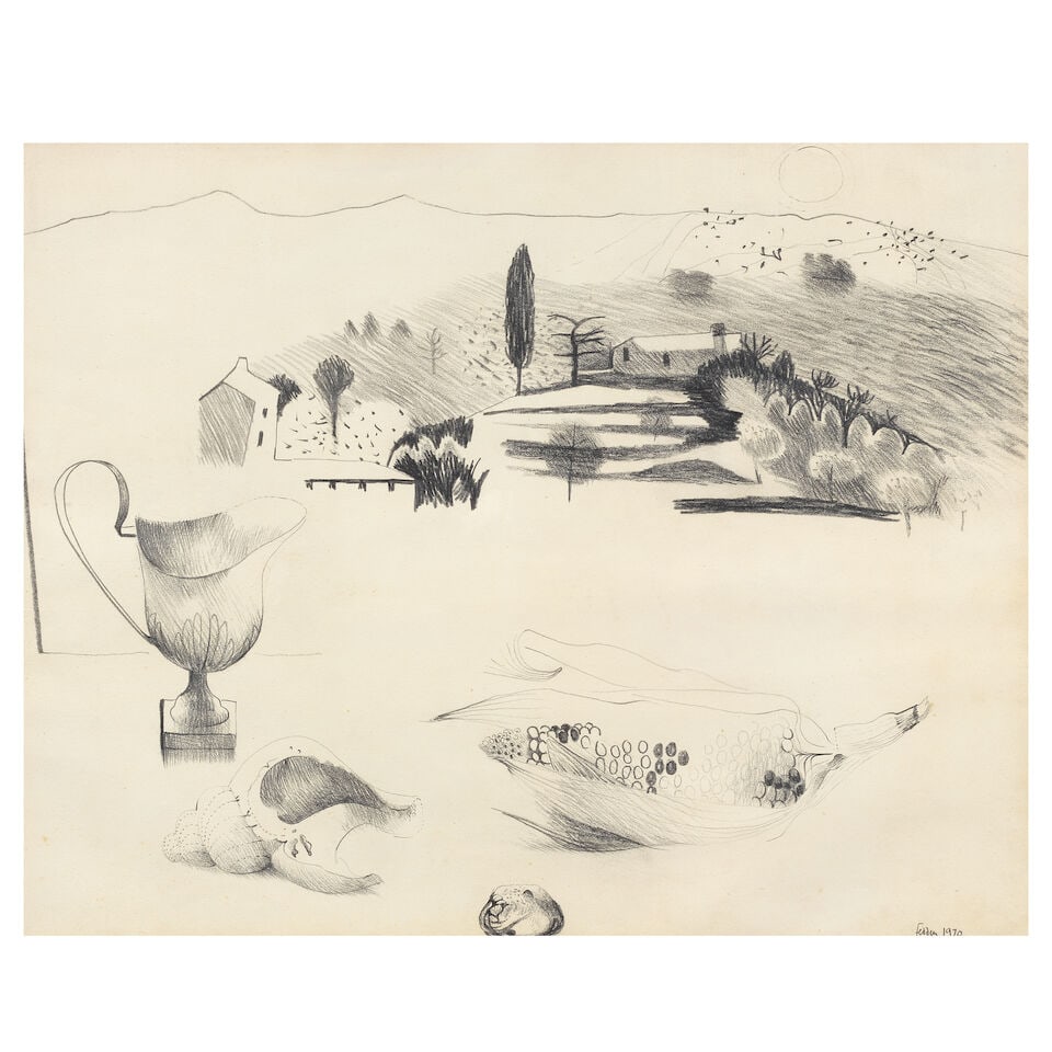 Mary Fedden R.A., P.P.R.W.A. (British, 1915-2012) Landscape 49.5 x 64.2 cm. (19 1/2 x 25 1/4 in.): Mary Fedden R.A., P.P.R.W.A. (British, 1915-2012) Landscape signed and dated 'Fedden 1970' (lower right) pencil 49.5 x 64.2 cm. (19 1/2 x 25 1/4 in.) Footnotes: Provenance The Artist, from whom acquir