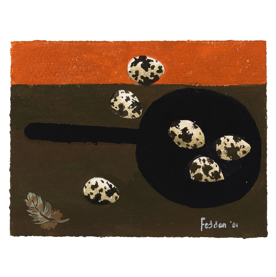 Mary Fedden R.A., P.P.R.W.A. (British, 1915-2012) Quails Eggs 13.5 x 18 cm. (5 1/4 x 7 in.): Mary Fedden R.A., P.P.R.W.A. (British, 1915-2012) Quails Eggs signed and dated 'FEDDEN '01' (lower right); further signed and titled 'Mary Fedden/Quails Eggs' (on an label attached to the backboard) g