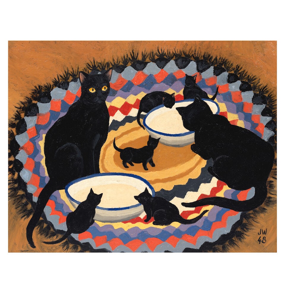 Joan Warburton (British, 1920-1996) Cats and kittens 32.4 x 40.3 cm. (12 3/4 x 15 7/8 in.): Joan Warburton (British, 1920-1996) Cats and kittens signed with initials and dated 'JW/48' (lower right) oil on board 32.4 x 40.3 cm. (12 3/4 x 15 7/8 in.) Footnotes: Provenance The Artist's estate, 