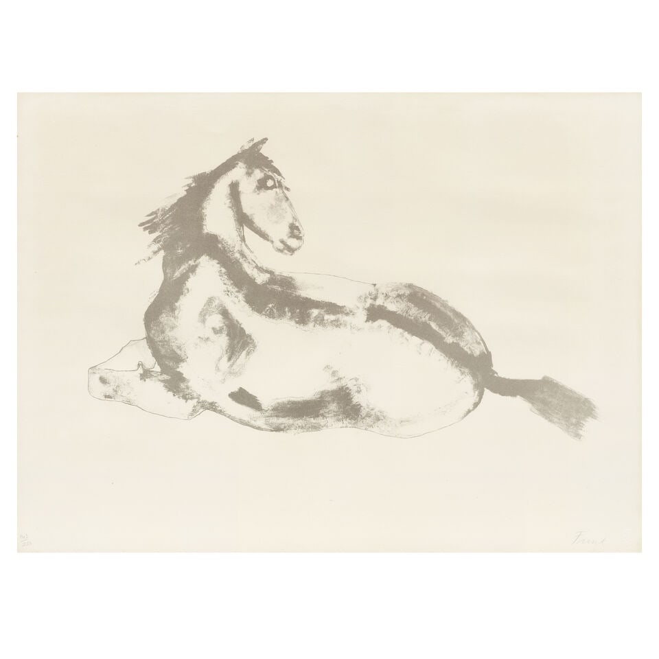Dame Elisabeth Frink R.A. (British, 1930-1993) Lying down horse Lithograph in brown, 1972, on wo...: Dame Elisabeth Frink R.A. (British, 1930-1993) Lying down horse (Wiseman 57) Lithograph in brown, 1972, on wove paper, signed and numbered 143/250 in pencil, printed by Curwen Studio, published by Les
