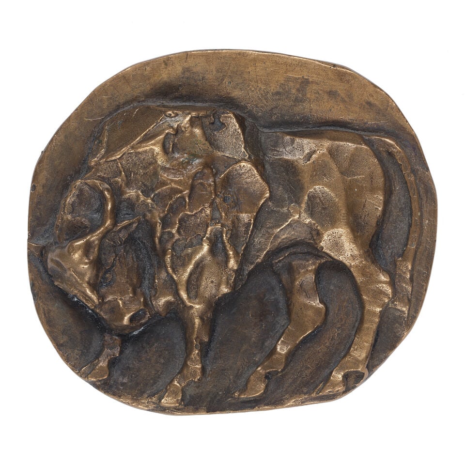 Dame Elisabeth Frink R.A. (British, 1930-1993) Bison Medal 8.3 cm. (3 1/4 in.) diameter (Conceiv...: Dame Elisabeth Frink R.A. (British, 1930-1993) Bison Medal signed 'Frink' (on the lower edge); inscribed 'THE/ZOOLOGICAL/SOCIETY OF/LONDON'S/FRINK MEDAL/FOR BRITISH/ZOOLOGISTS/AWARDED TO/SIR JULIAN HU
