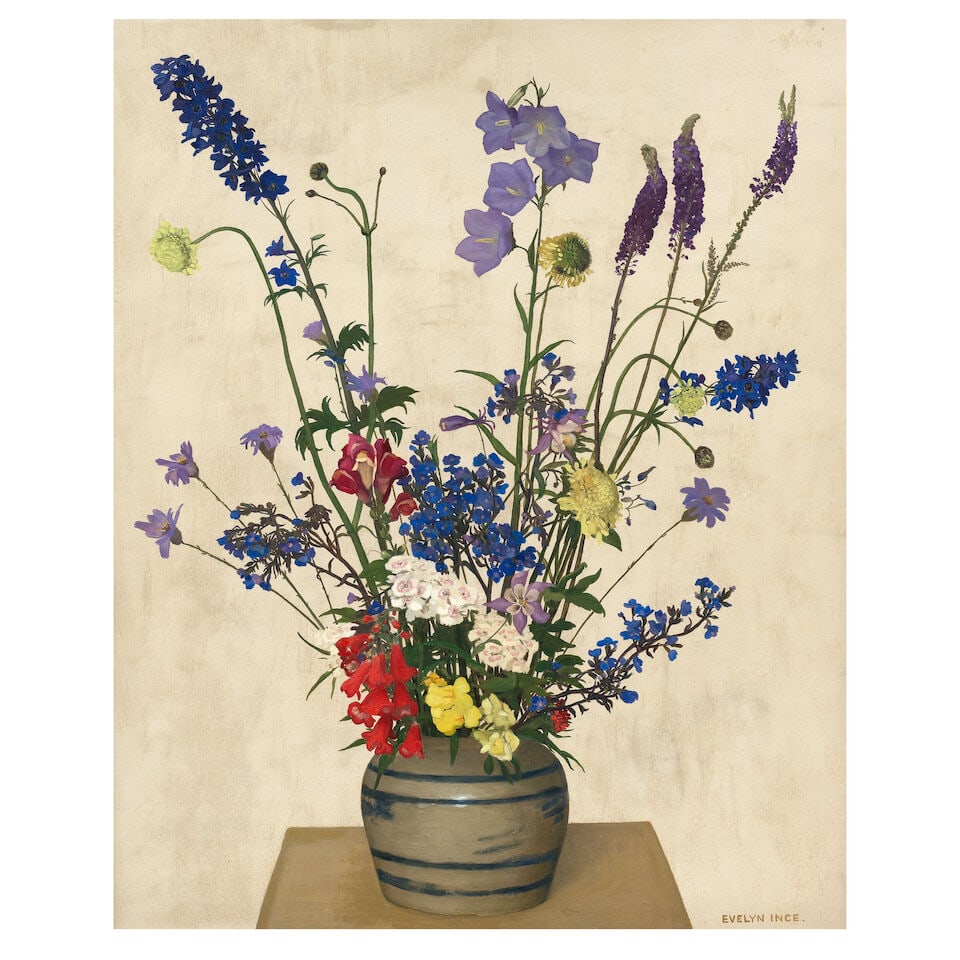 Evelyn Grace Ince ARWS, RBA (British, 1886-1941) Flower Piece 61 x 50.8 cm. (24 x 20 in.): Evelyn Grace Ince ARWS, RBA (British, 1886-1941) Flower Piece signed 'EVELYN INCE.' (lower right); further signed and titled 'Evelyn Ince/Flower Piece' (on an artist's label attached to the verso) oil