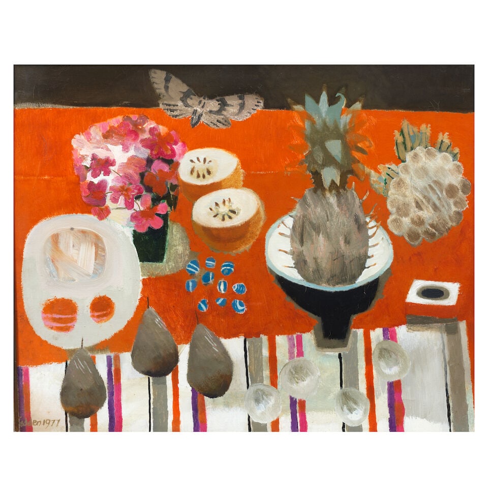 Mary Fedden R.A., P.P.R.W.A. (British, 1915-2012) Still Life with Pineapple 60 x 75 cm. (23 5/8 ...: Mary Fedden R.A., P.P.R.W.A. (British, 1915-2012) Still Life with Pineapple signed and dated 'Fedden 1977' (lower left) oil on canvas 60 x 75 cm. (23 5/8 x 29 1/2 in.) Footnotes: Provenance Private Co