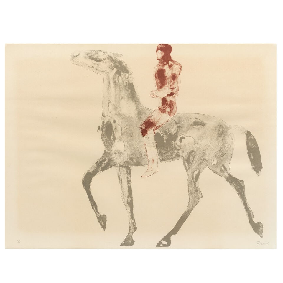 Dame Elisabeth Frink R.A. (British, 1930-1993) Horse and Rider IV Lithograph in colours, 1970-71...: Dame Elisabeth Frink R.A. (British, 1930-1993) Horse and Rider IV (Wiseman 46) Lithograph in colours, 1970-71, on TH Saunders wove paper, signed and numbered 57/70 in pencil, published by Leslie Waddi