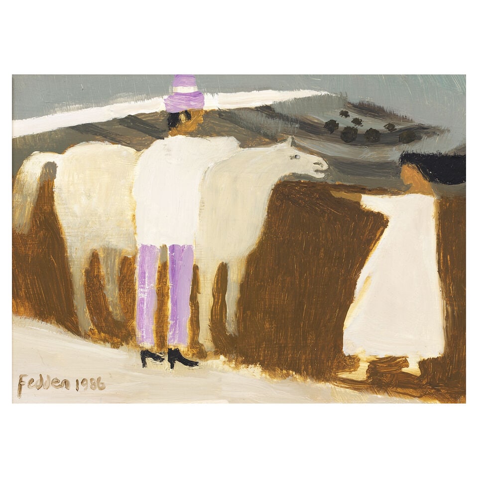 Mary Fedden R.A., P.P.R.W.A. (British, 1915-2012) White Horse 15.4 x 20.4 cm. (6 x 8 in.): Mary Fedden R.A., P.P.R.W.A. (British, 1915-2012) White Horse signed and dated 'Fedden 1986' (lower left); further signed and titled 'Mary Fedden/White Horse' (on a label attached verso) oil on board 