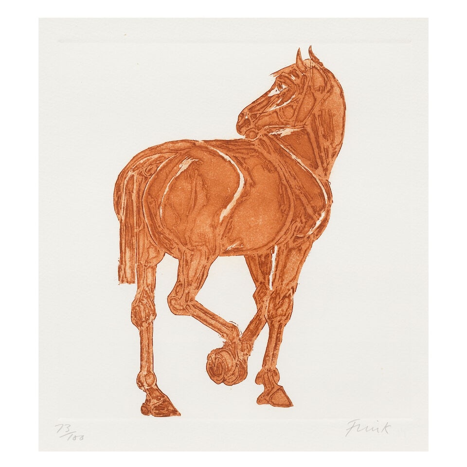 Dame Elisabeth Frink R.A. (British, 1930-1993) Horse Etching with aquatint in colours, 1986, on ...: Dame Elisabeth Frink R.A. (British, 1930-1993) Horse (Wiseman 135) Etching with aquatint in colours, 1986, on Arches wove paper, signed and numbered 40/100 in pencil (there were also ten artist's proo