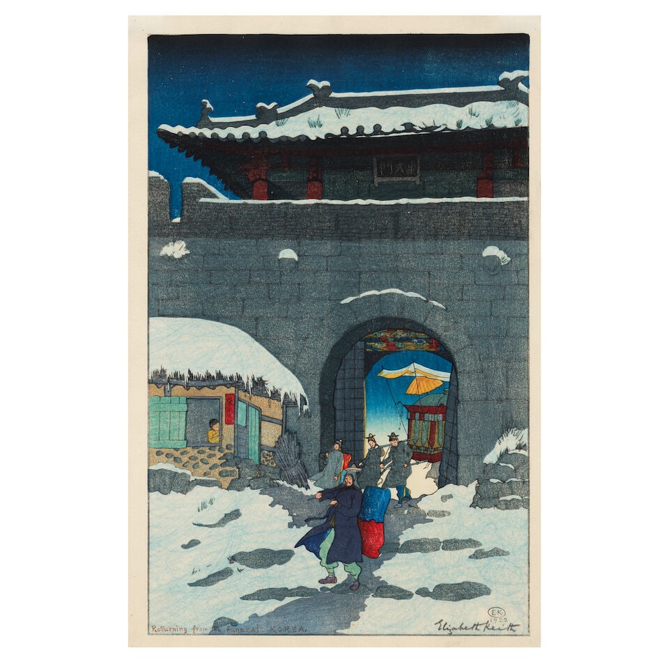 Elizabeth Keith (British, 1887-1956) Returning from the Funeral, Korea Woodcut in colours, 1922,...: Elizabeth Keith (British, 1887-1956) Returning from the Funeral, Korea Woodcut in colours, 1922, on Japan paper, signed in pencil, the full sheet, framed Sheet 400 x 264mm (15 3/4 x 10 3/8in) This lot