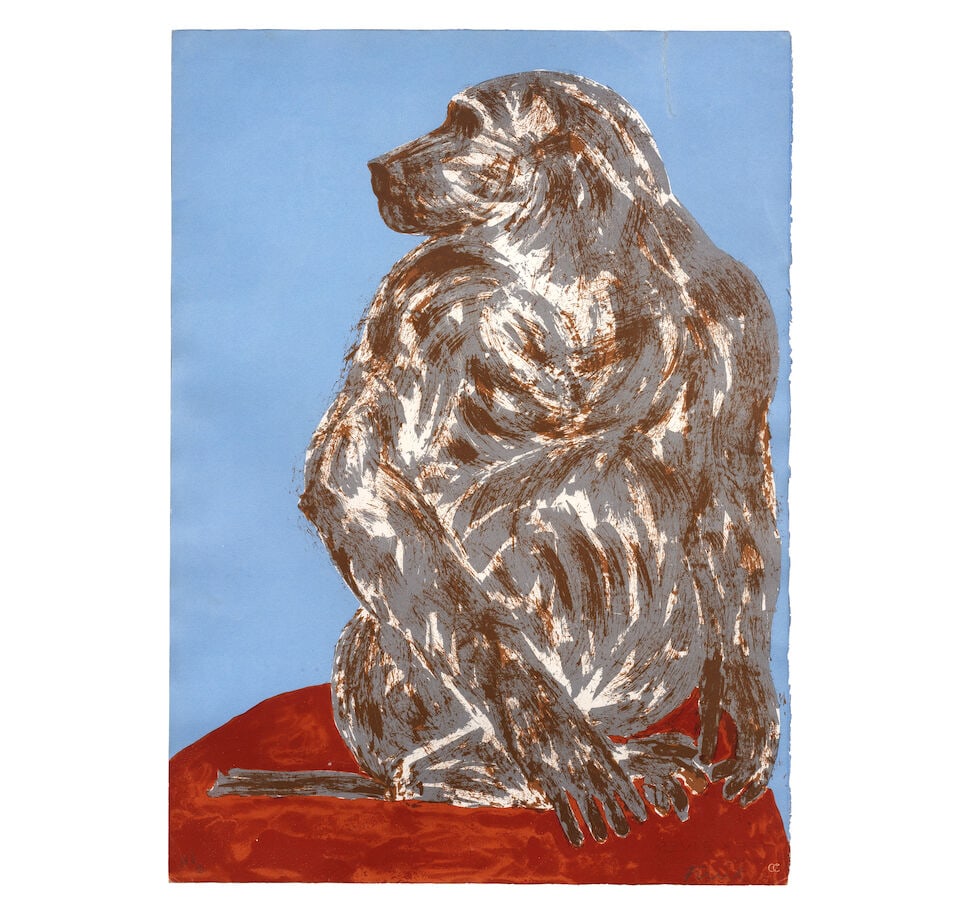 Dame Elisabeth Frink R.A. (British, 1930-1993) Baboon Screenprint in colours, 1990, on BFK Rives...: Dame Elisabeth Frink R.A. (British, 1930-1993) Baboon (Wiseman 155) Screenprint in colours, 1990, on BFK Rives Grey paper, signed and inscribed 'HC 2' in pencil, an hors commerce impression aside from
