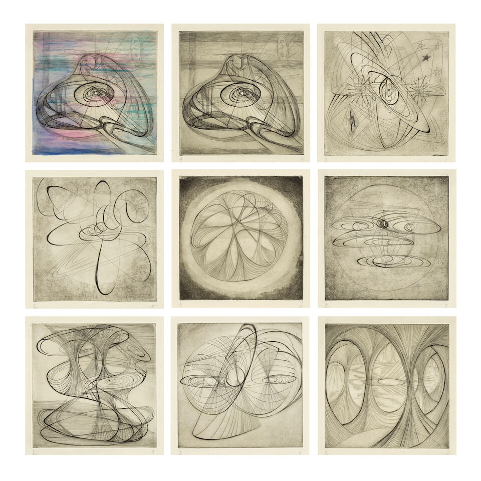 Mary Wykeham (British, 1909-1996) A Collection of Nine Etchings Nine etchings, circa 1937-38, on...: Mary Wykeham (British, 1909-1996) A Collection of Nine Etchings Nine etchings, circa 1937-38, on laid paper, with watermarks of St. Veronica, or Hand with a quatrefoil, one with extensive hand-colouri