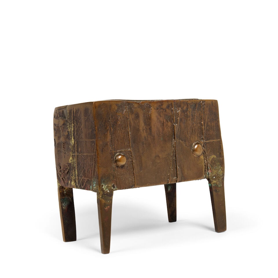 Margaret Lovell D.LITT(Hon) D.F.A.(Lond), F.R.B.S., R.W.A. (British, born 1939) Magic Box (Bronz...: Margaret Lovell D.LITT(Hon) D.F.A.(Lond), F.R.B.S., R.W.A. (British, born 1939) Magic Box (Bronze Box III) signed with initials 'ML' (to one of the feet) bronze with a brown patina 14.5 x 16.5 cm. (5 