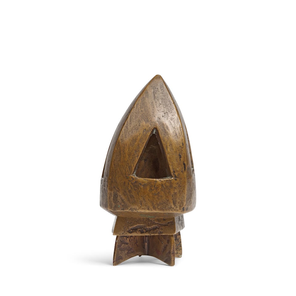 Margaret Lovell D.LITT(Hon) D.F.A.(Lond), F.R.B.S., R.W.A. (British, born 1939) Rocket Tower 12 ...: Margaret Lovell D.LITT(Hon) D.F.A.(Lond), F.R.B.S., R.W.A. (British, born 1939) Rocket Tower signed with initials 'ML' (to lower edge of the middle bronze) bronze with a brown patina 12 x 6.5 cm. (4 3