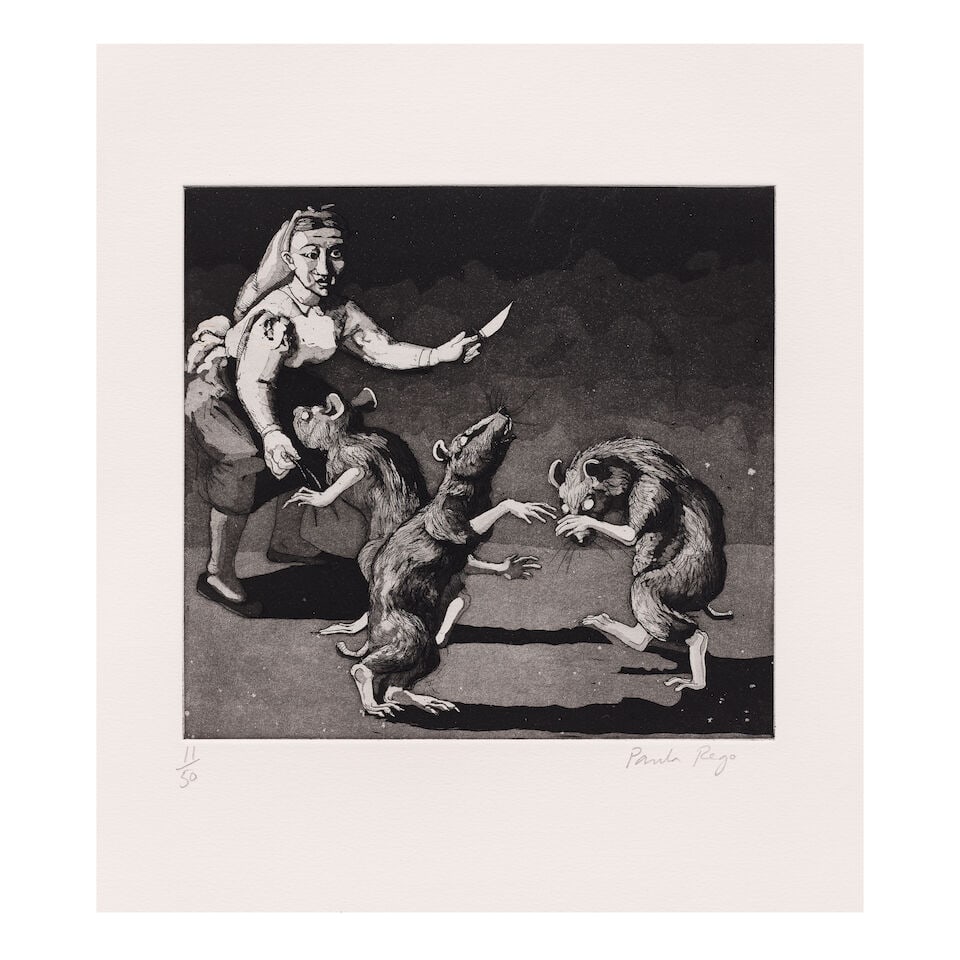 Dame Paula Rego R.A. (British, 1935-2022) Three Blind Mice II, from Nursery Rhymes Etching and a...: Dame Paula Rego R.A. (British, 1935-2022) Three Blind Mice II, from Nursery Rhymes (Rosenthal 49) Etching and aquatint, 1989, on Arches wove paper, signed and numbered 11/50 in pencil, printed by Culf