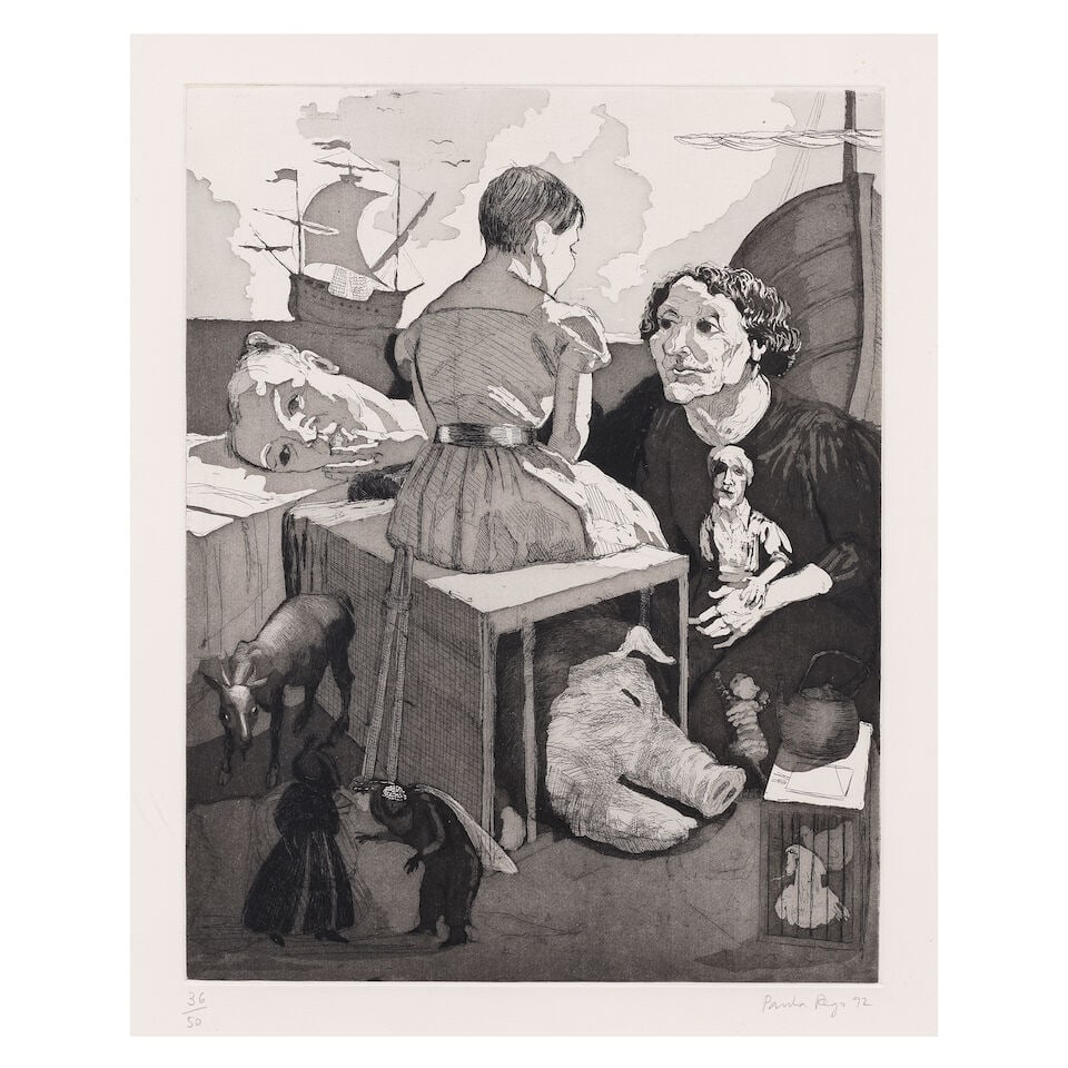 Dame Paula Rego R.A. (British, 1935-2022) Embarkation Etching and aquatint, 1992, on Arches wove...: Dame Paula Rego R.A. (British, 1935-2022) Embarkation (Rosenthal 76) Etching and aquatint, 1992, on Arches wove paper, signed, dated and numbered 36/50 in pencil (there were also ten artist's proofs),