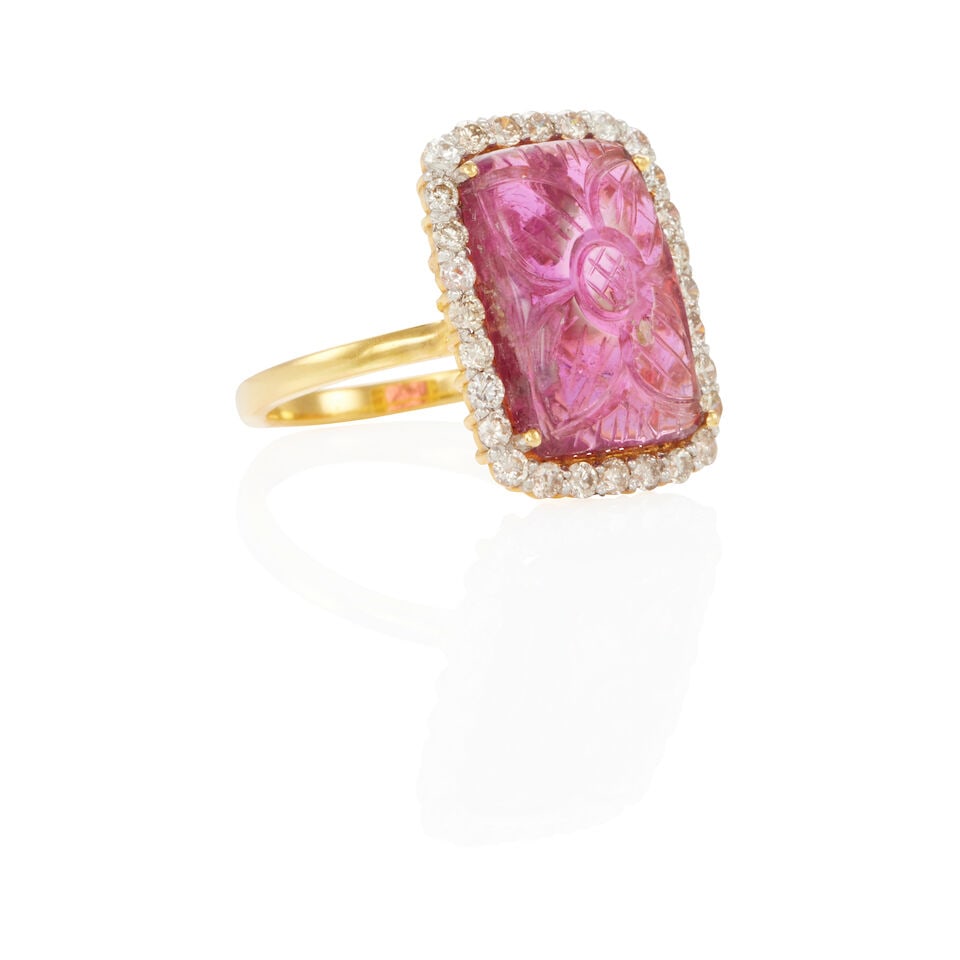 18K GOLD, CARVED TOURMALINE AND DIAMOND RING - 2
