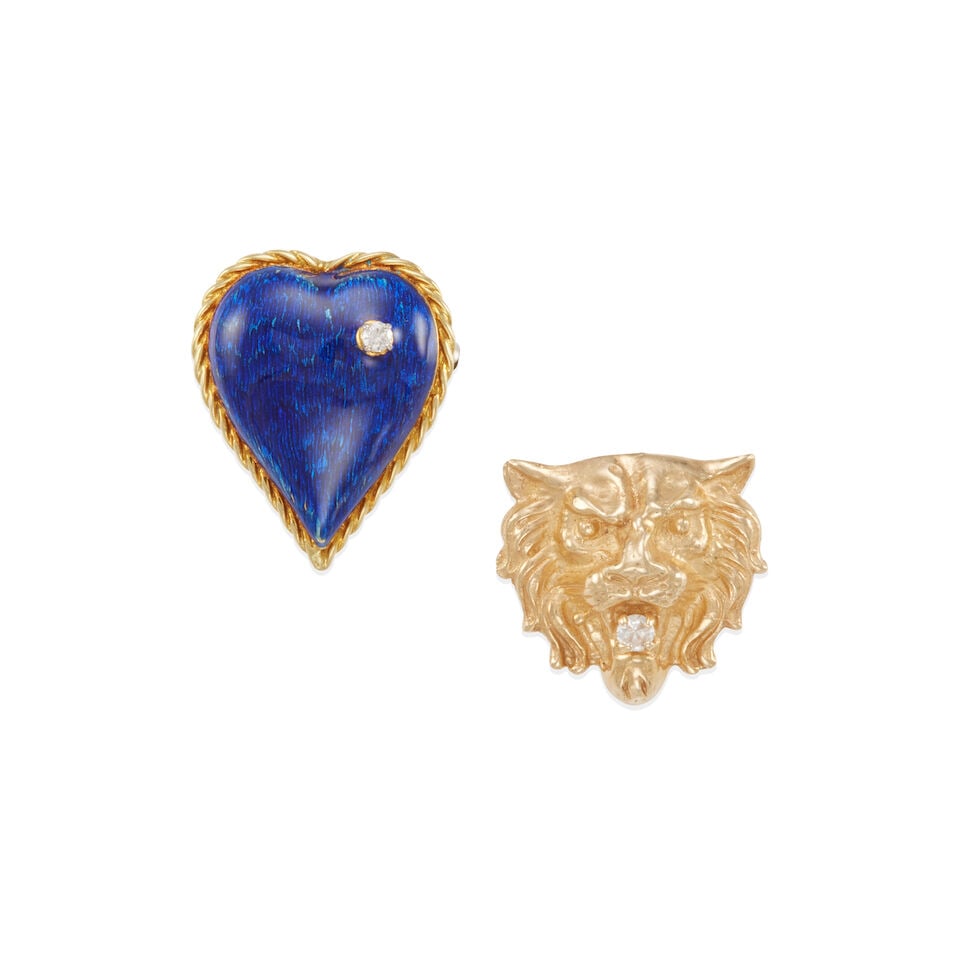 TWO GOLD JEWELRY ITEMS: TWO GOLD JEWELRY ITEMS • One brooch/pendant of 18k yellow gold with 1 round diamond weighing approximately 0.02 - 0.05 carat total and blue enamel, partial makers mark, measures 15/16 x 3/4