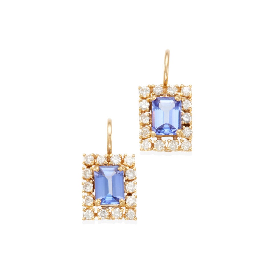 PAIR OF 18K GOLD, TANZANITE AND DIAMOND EARRINGS: PAIR OF 18K GOLD, TANZANITE AND DIAMOND EARRINGS • 18k yellow gold • 2 rectangular tanzanites weighing approximately 3.70 - 3.80 carat total • Numerous round diamonds weighing