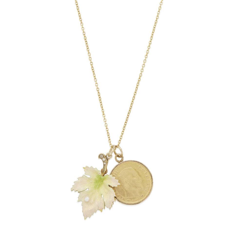 GOLD, CULTURED PEARL, AND ENAMEL TWO PENDANT NECKLACE: GOLD, CULTURED PEARL, AND ENAMEL TWO PENDANT NECKLACE • 18k yellow gold, 15k yellow gold, 21k yellow gold, and 14k yellow gold • 4 spherical and baroque half-drilled cultured pearls